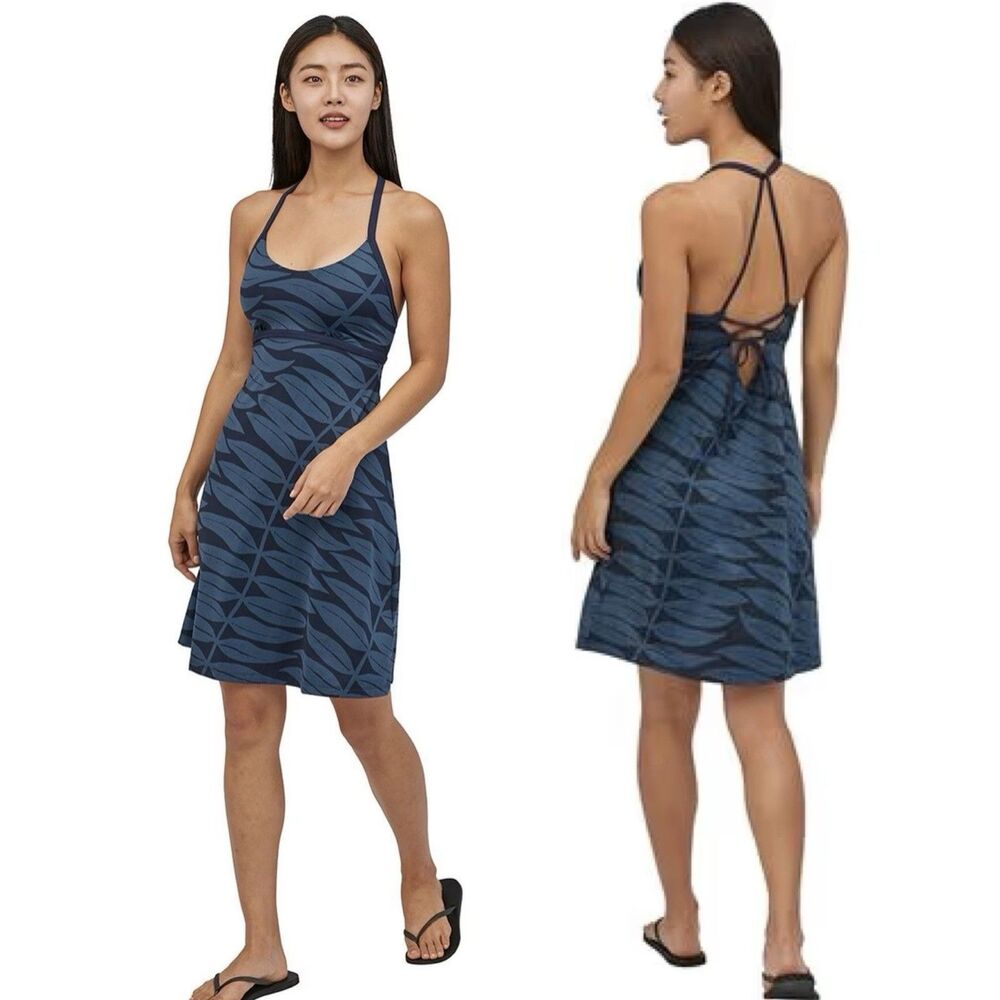 Patagonia Small Sundown Sally Blue Dress Strappy Tropical Beach Shelf Bra EUC